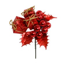 Metallic Red Wreath Pick With Holly 5 Leaves, Berries And 3 Packages (Lot of 12 Picks) SALE ITEM